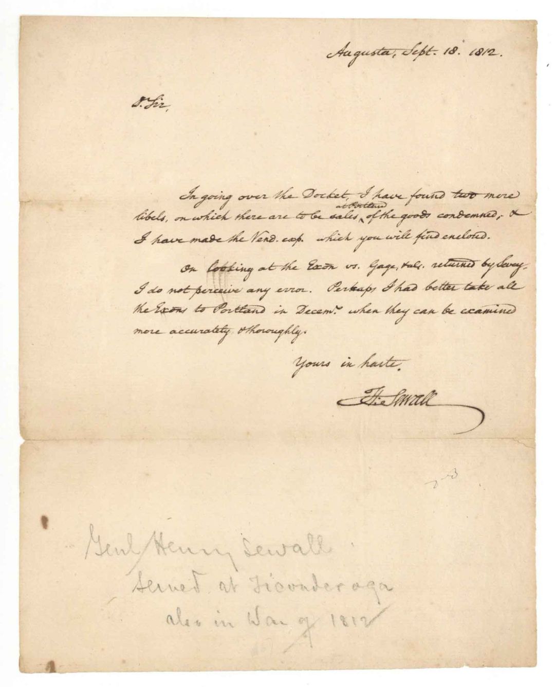 General Henry Sewall signed letter - 1812 dated Autograph
