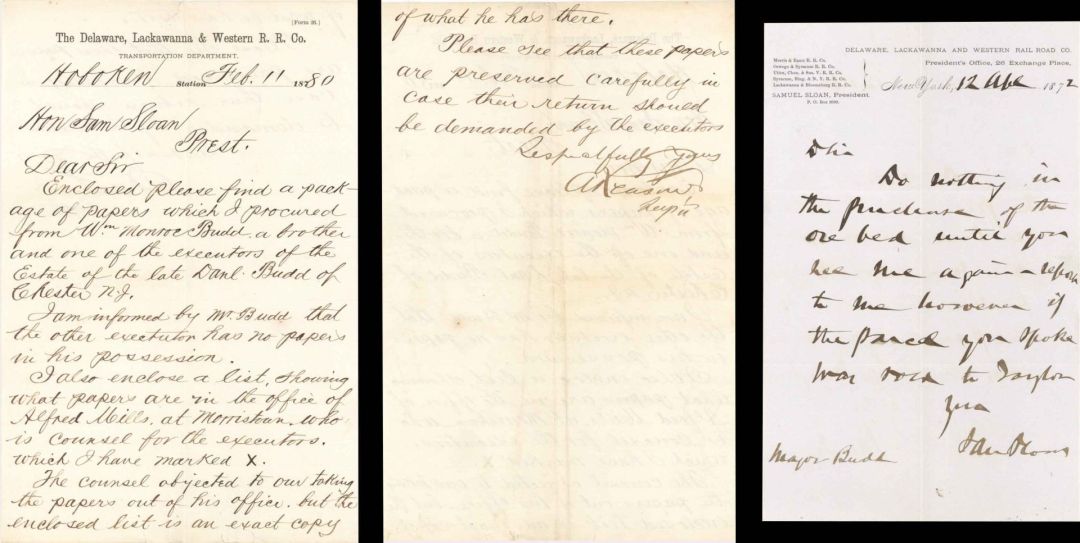 2 Letters signed by Samuel Sloan - 1872 and 1880 dated Autographs