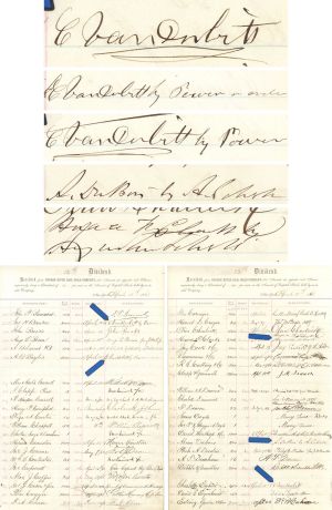 Commodore Cornelius Vanderbilt signs 3 Times on a Hudson River Rail Road Co Ledger Sheet - Also signed Twice by Augustus Schell - Dated April 15, 1868