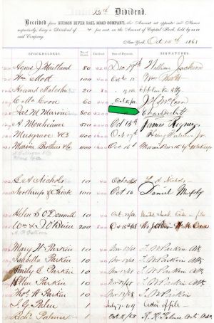 Stockholders Divident Sheet of Hudson River Rail Road Co. signed by Commodore Cornelius Vanderbilt - Autographs