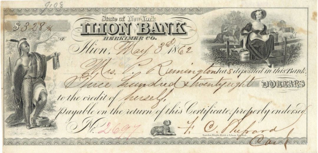 Ilion Bank Check Issued to Mrs. P (Philo) Remington - 1862 dated Autograph