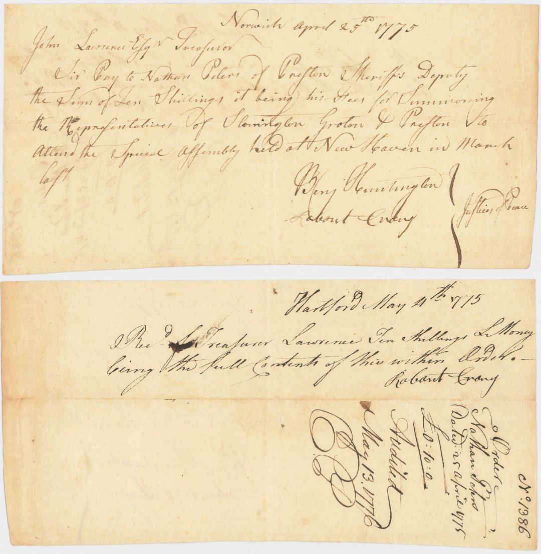1788 dated Pay Order signed by Benjamin Huntington and Geo. Pitkin - Autograph