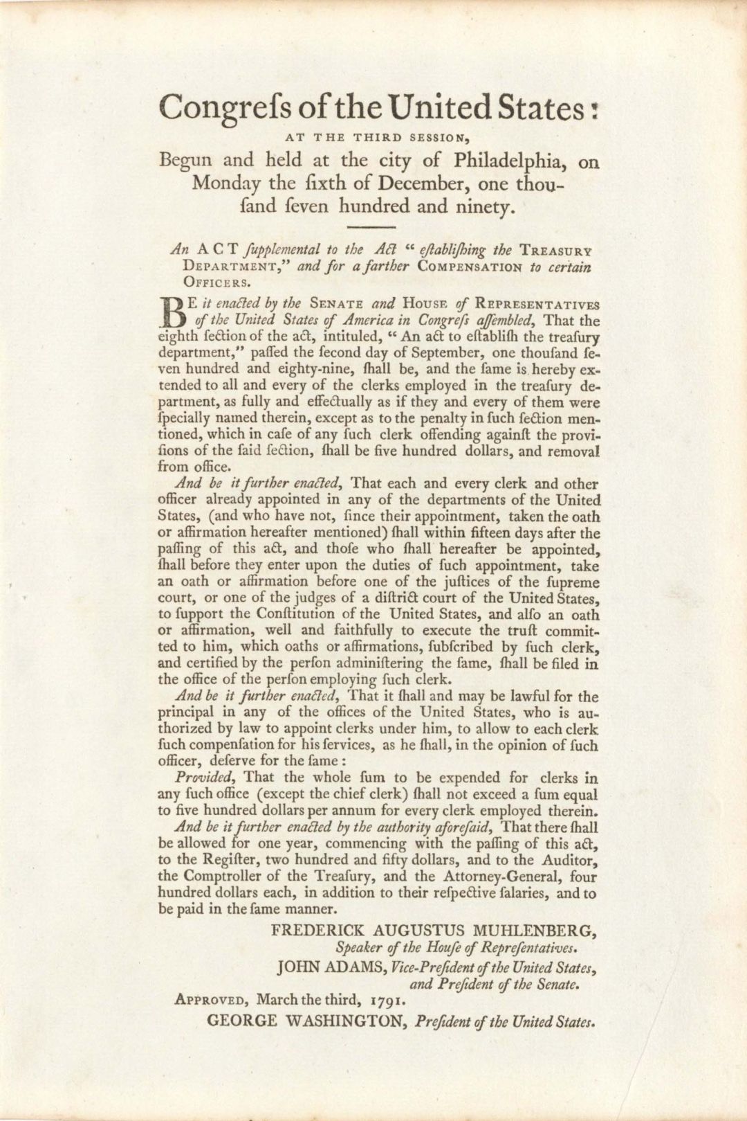 Congress of the United States Signed in Type by George Washington, John Adams and Frederick Augustus Muhlenberg - 1790 and 1791 dated Autographs
