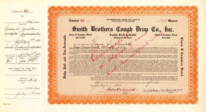 Smith Brothers Cough Drop Co., Inc. - Autograph Stock Certificate