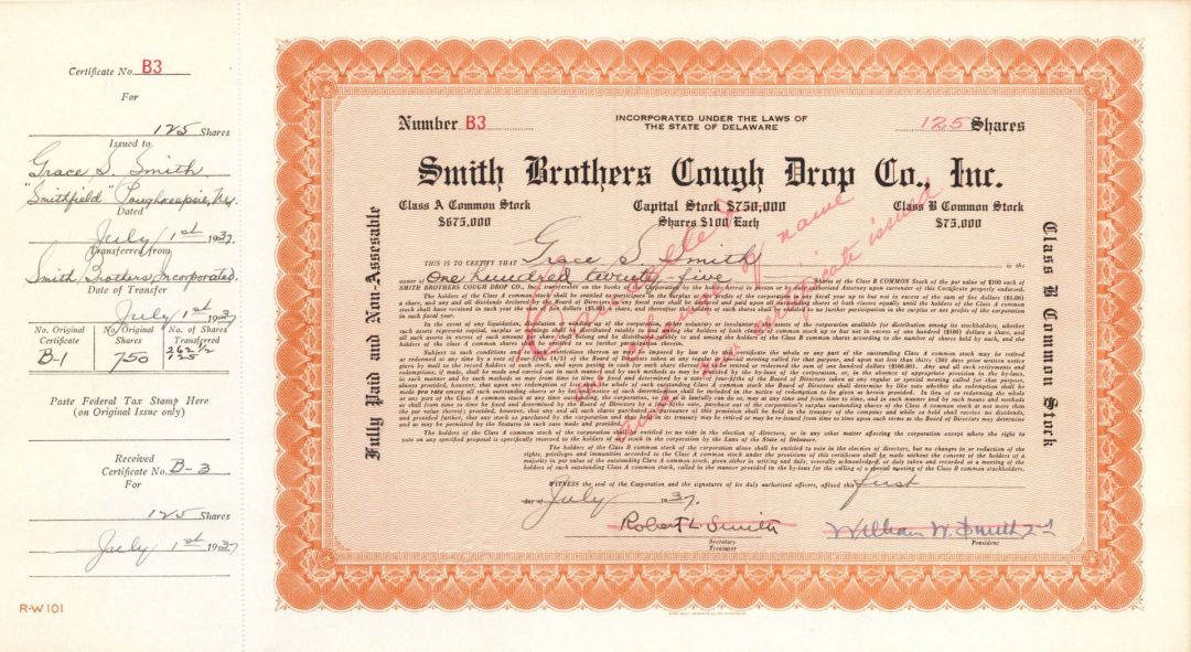 Smith Brothers Cough Drop Co., Inc. Issued to Grace S. Smith and signed by Robert L. and William W. Smith - 1937 dated Autograph Stock Certificate