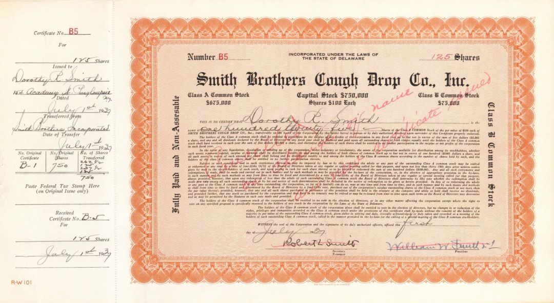 Smith Brothers Cough Drop Co. Inc. signed by Robert L. Smith and William W. Smith - 1937 dated Autograph Stock Certificate