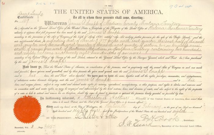 Chester A. Arthur Secretarial Autographed Document Signed - Land Grant