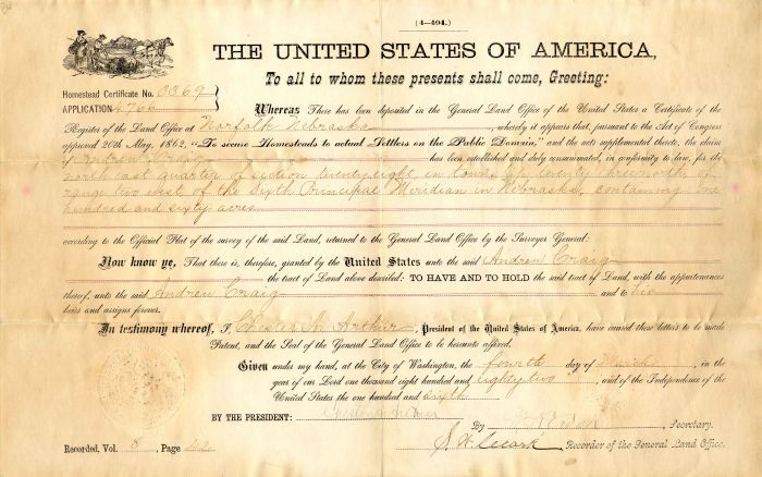 Chester A. Arthur Secretarial Autographed Document Signed - Land Grant