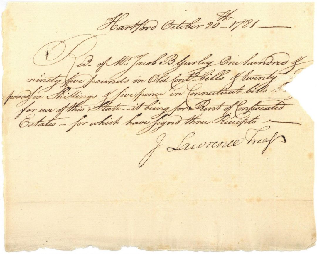 1781 dated Connecticut Continental Bill for "Confiscated Estates" signed by John Lawrence - Connecticut - American Revolutionary War