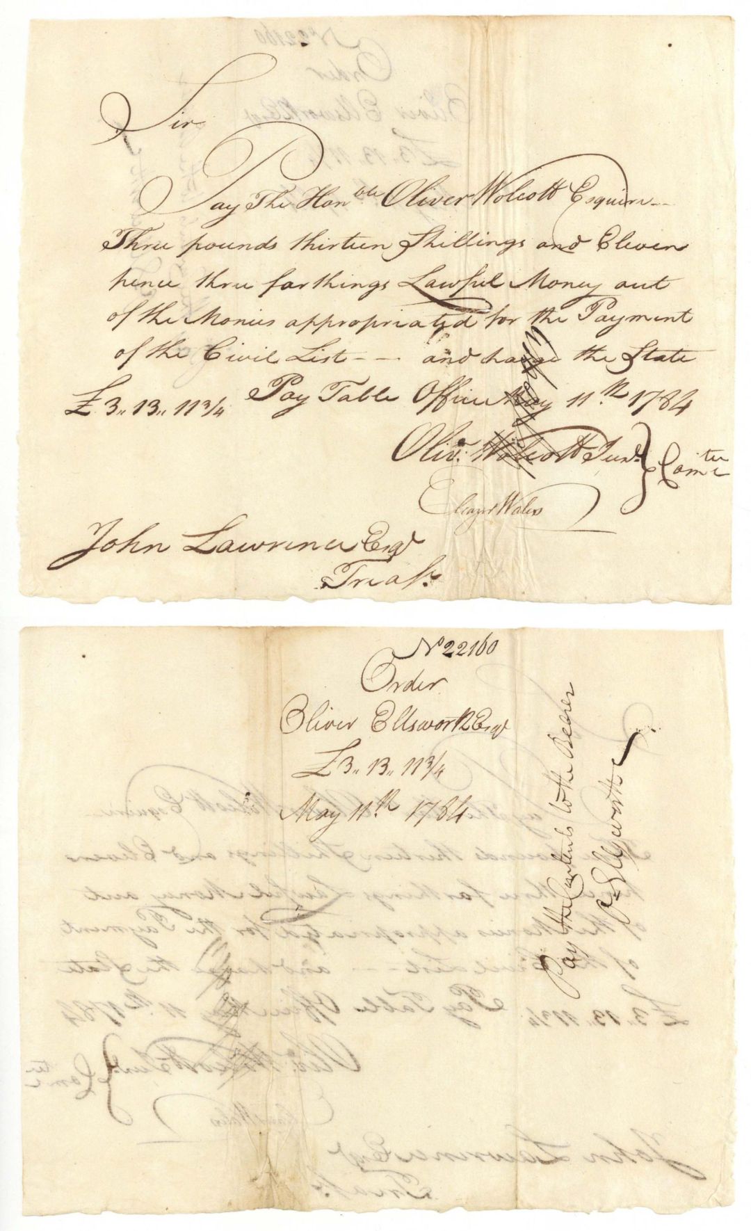 Pay Table Document Signed by Oliver Wolcott Jr. and Oliver Ellsworth - 1784 dated Autograph 