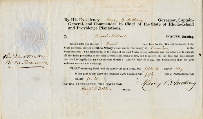 Public Notary appointment signed by Henry B. Anthony