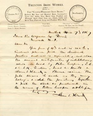 Trenton Iron Works Letter "Order for Dividends for Peter Cooper" - SOLD