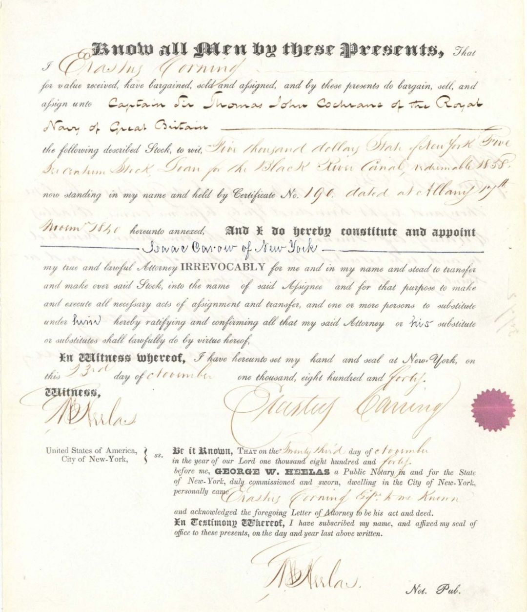 Naval Document signed by Erastus Corning - 1840 dated Autograph