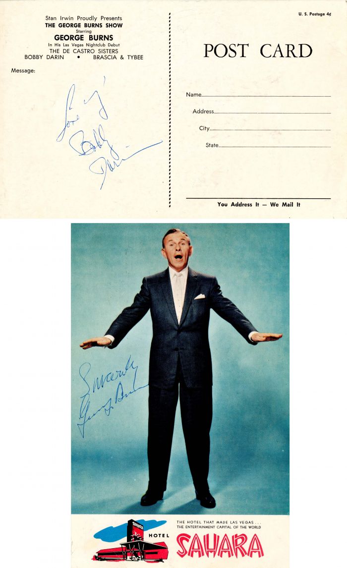 Post Card signed by George Burns and Bobby Darin