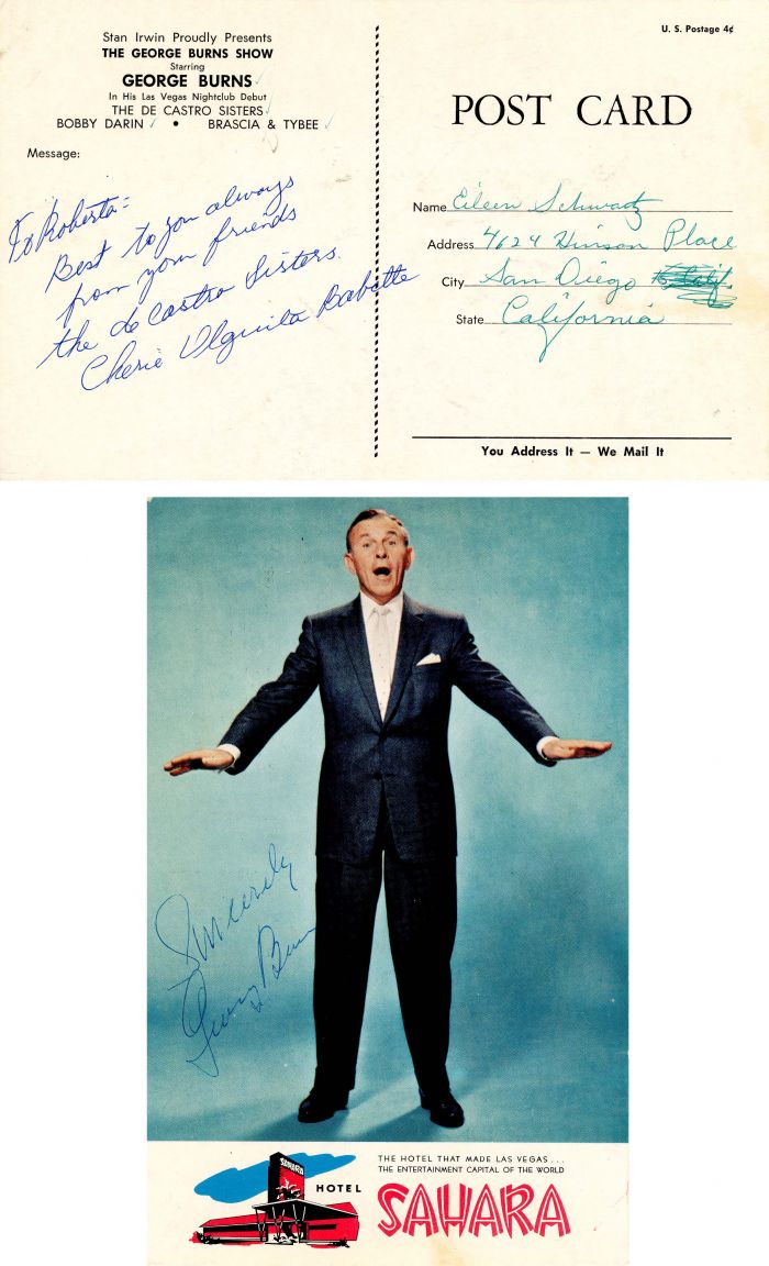 Post Card signed by George Burns and the DeCastro Sisters