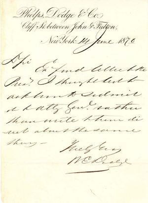 William Earl Dodge signed letter - Autograph