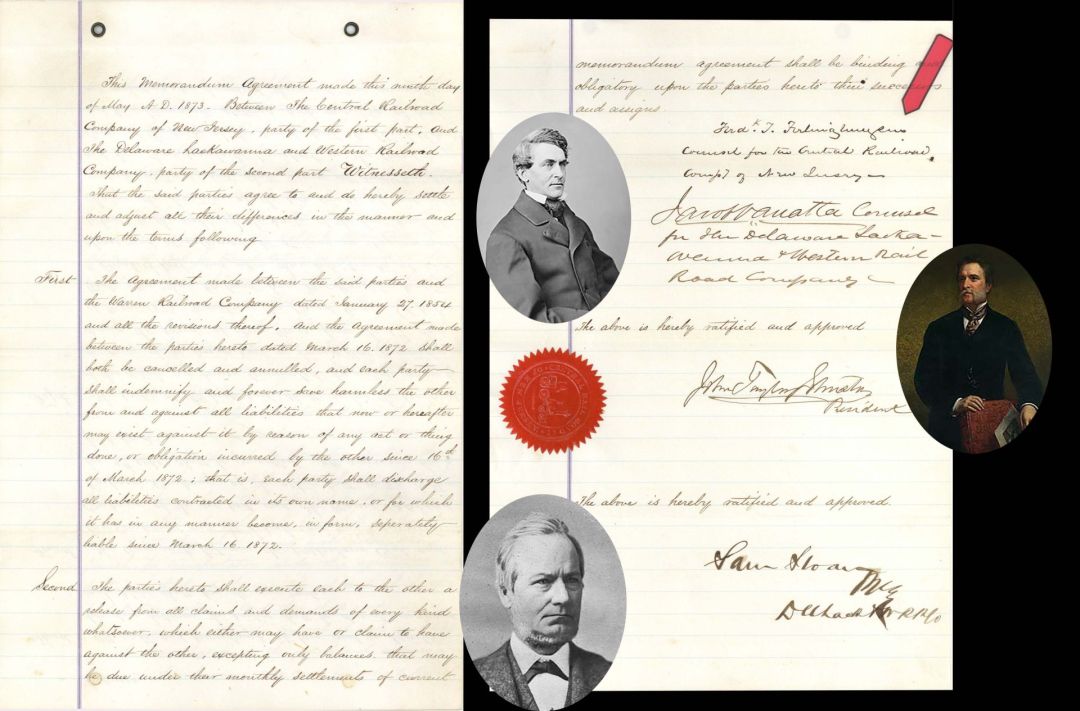 Memorandum Agreement signed by Fred T. Frehinghuysen, John Taylor Johnston and Sam Sloan - 1873 dated Autograph