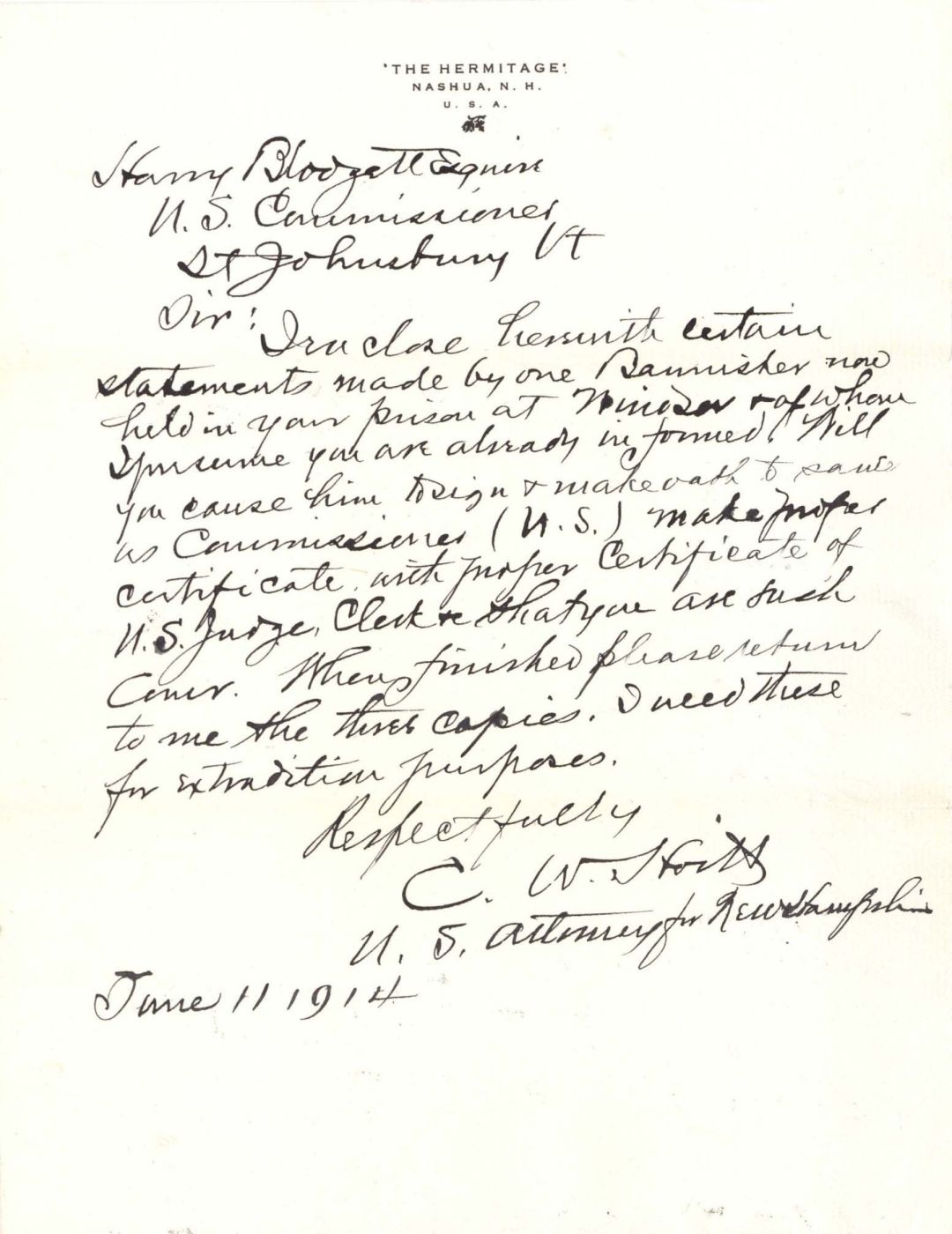 C.W. Hoitt signed Letter - 1914 dated Autograph