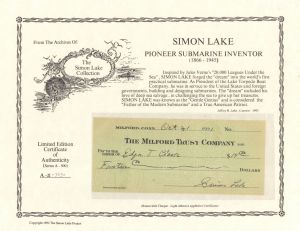 Milford Trust Company Check signed by Simon Lake - Autographs