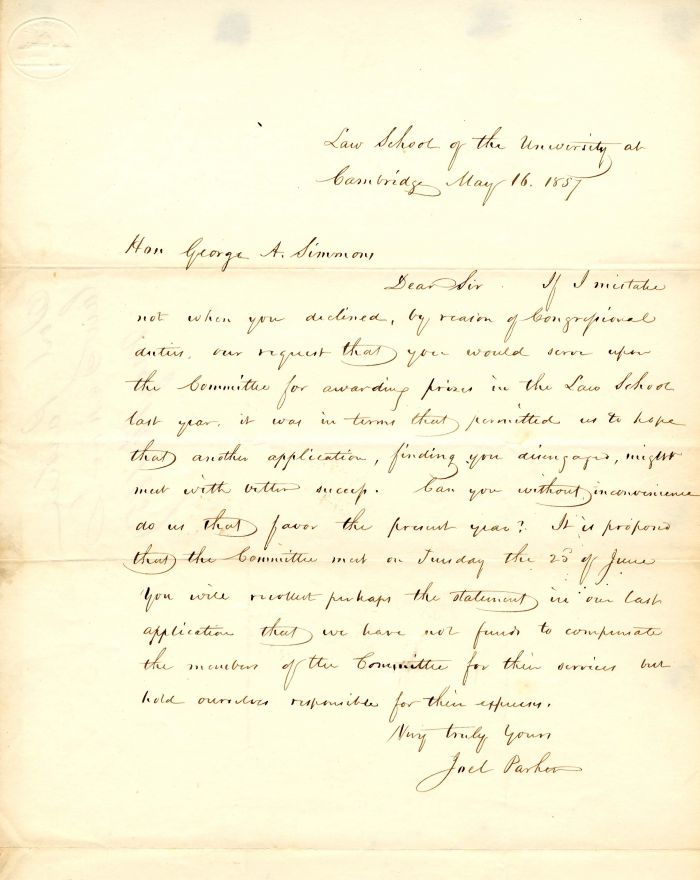 Letter signed by Joel Parker - 1857 dated Autograph