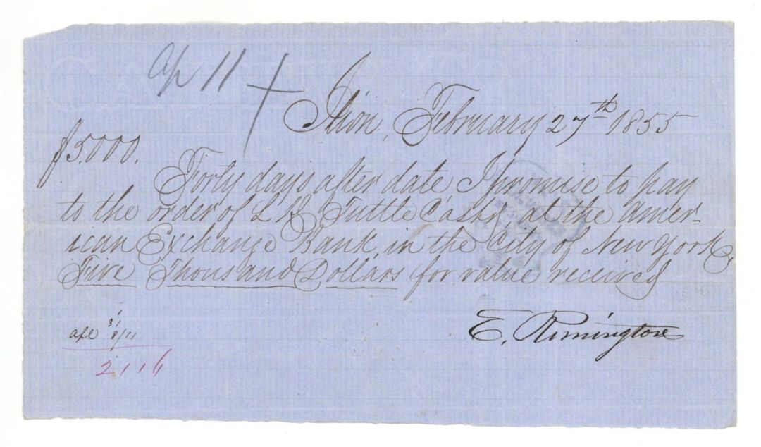 $5,000 Note signed by E. Remington II or Jr. - Founder of Remington and Sons - 1855 dated Autograph