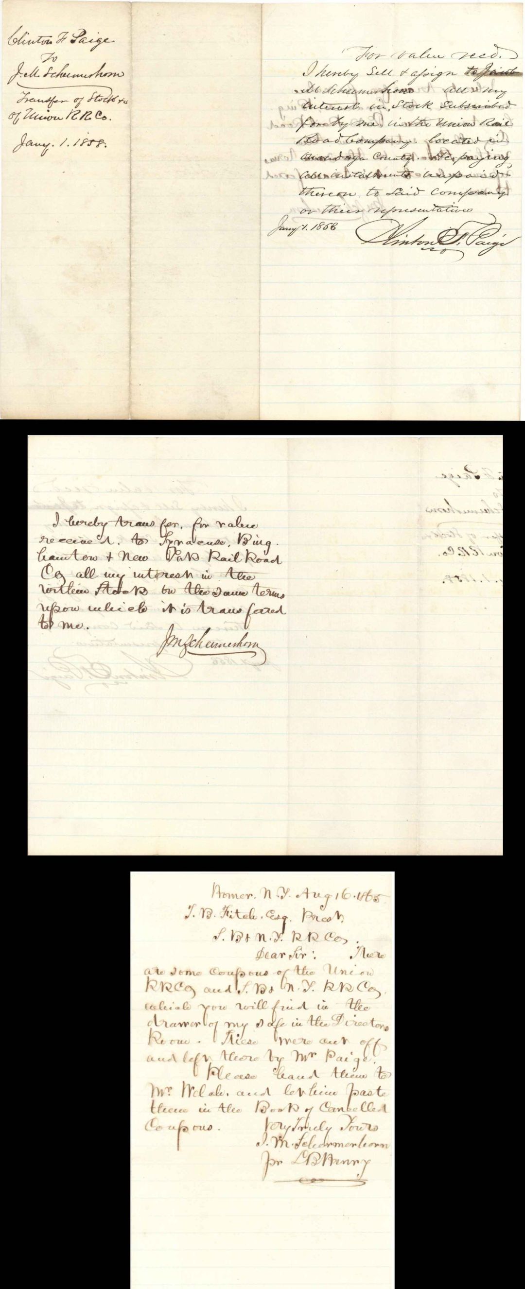 Signed note by John M. Schermerhorn - 1858 and 1865 dated Autograph