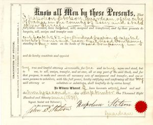 Transfer of Stock signed by John B. Stetson and Napoleon Stetson - SOLD