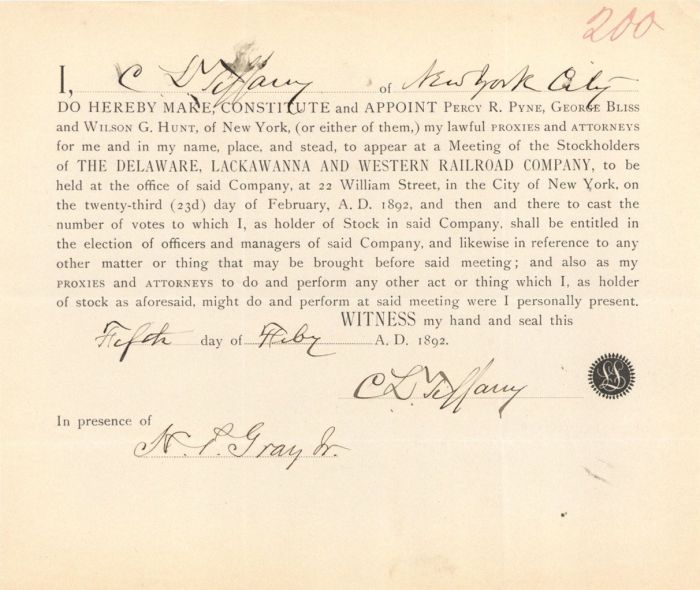 Stock Proxy signed by Charles Lewis Tiffany - Autograph of Infamous Tiffany Jewelers Family Member