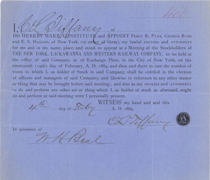 Stock Proxy signed by Charles Lewis Tiffany - Autograph of Infamous Tiffany Jewelers Family Member