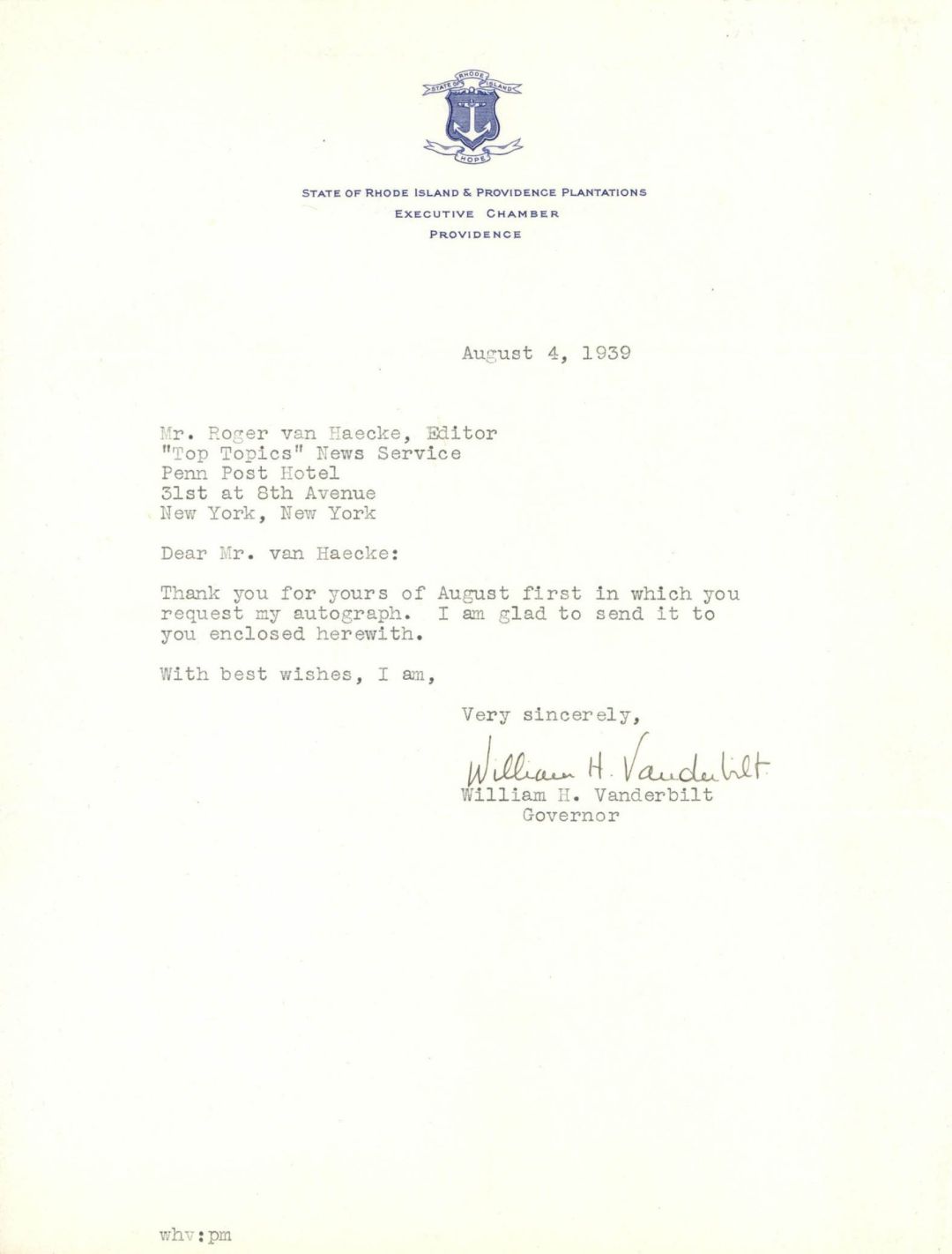 Letter signed by William H. Vanderbilt - 1939 dated Autograph