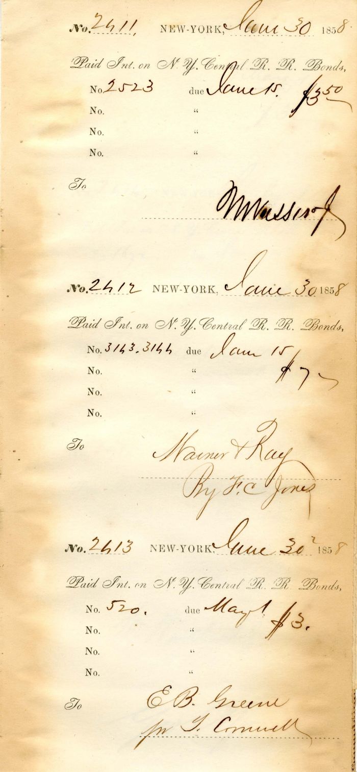 N.Y. Central R.R. Bond stub signed by Matthew Vassar Jr.