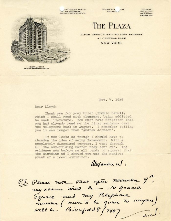 Typed Letter signed by Alexander Woolcott