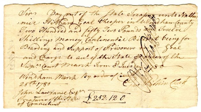 Revolutionary War Period Note signed by Oliver Wolcott, Jr. and Geo Pitkin - Prisoners in Goal