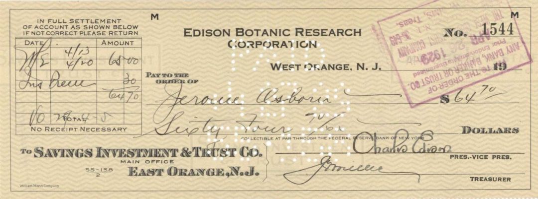 Edison Botanic Research Corp. Check signed by Charles Edison - 1929 dated Autograph