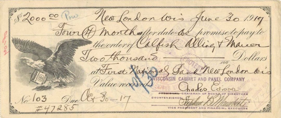 Check signed by Charles Edison - 1917 dated Autograph