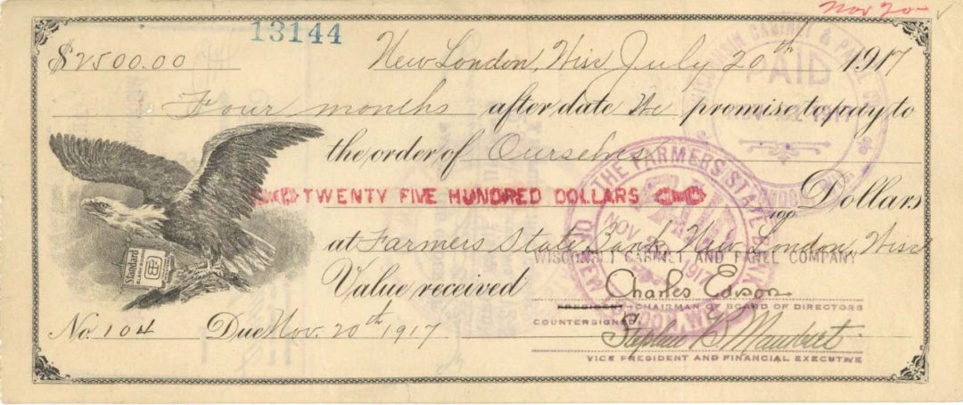 Check signed by Charles Edison - 1917 dated Autograph