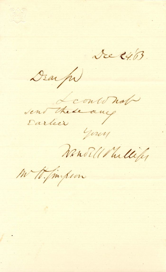 Note signed by Wendell Phillips and M.H. Simpson - Autograph