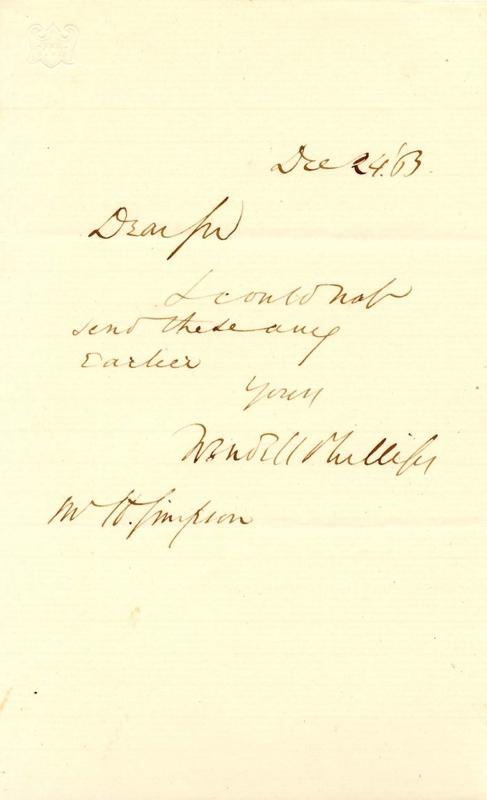 Note signed by Wendell Phillips and M.H. Simpson - Autograph