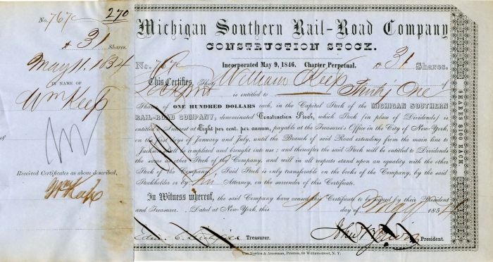 Michigan Southern Rail-Road Co. signed by Wm. Keep - Stock Certificate
