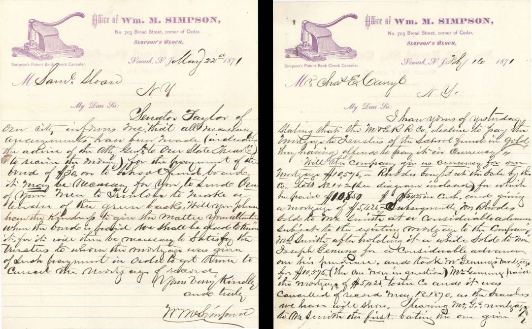 Set of 7 Letters; 2 Addressed to Sam Sloan - 1871 dated Autographs