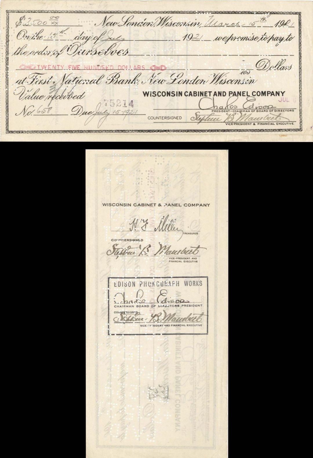 Wisconsin Cabinet and Panel Co. check signed by Charles Edison - 1921 dated Autographed Check