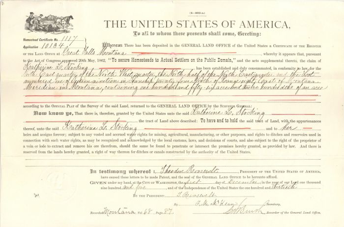 Land Grant signed by secretary for T. Roosevelt - Americana