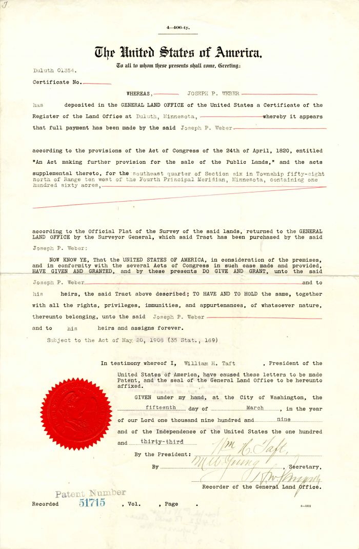 Land Grant signed for Wm. H. Taft