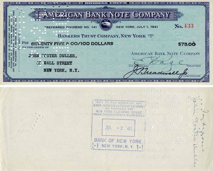 Check Issued to and Signed at back by John Foster Dulles - Autograph Check