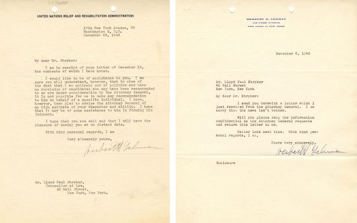 Pair of letters signed by Herbert H. Lehman