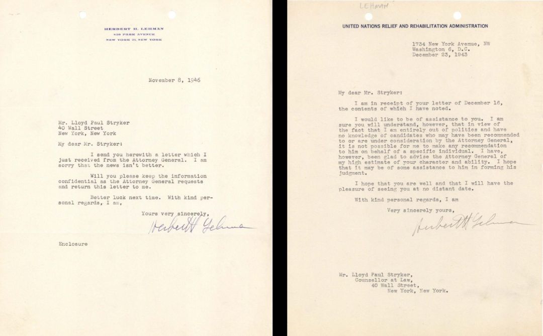 Pair of letters signed by Herbert H. Lehman - 1943 and 1946 dated Autographs