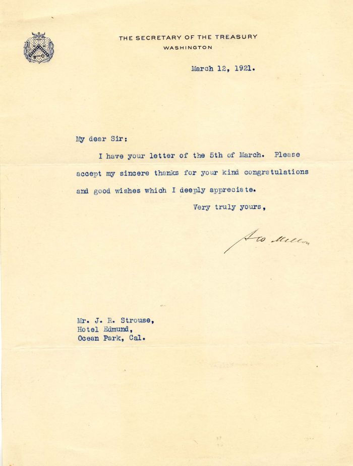 Letter signed by Andrew William Mellon