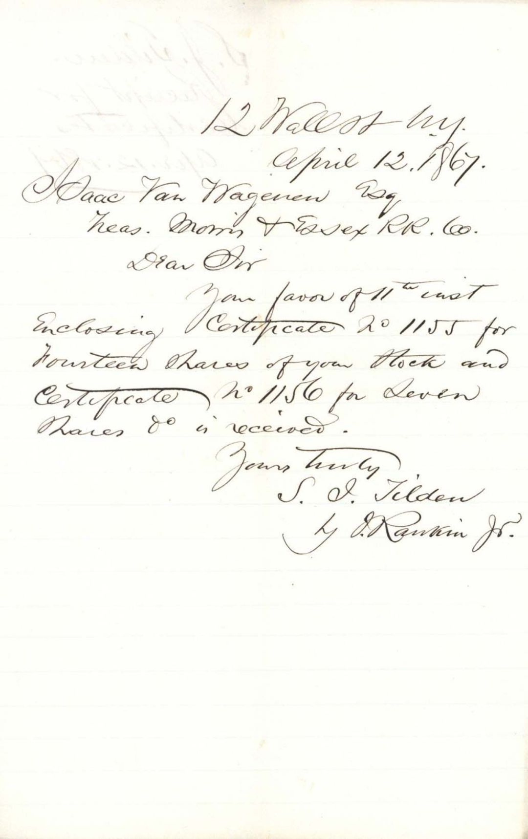 Autographed Letter signed by Samuel J. Tilden - 1867 dated Autograph