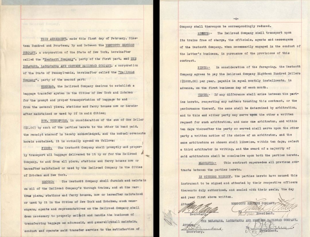 Agreement signed by William C. Fargo - 1914 dated Autograph