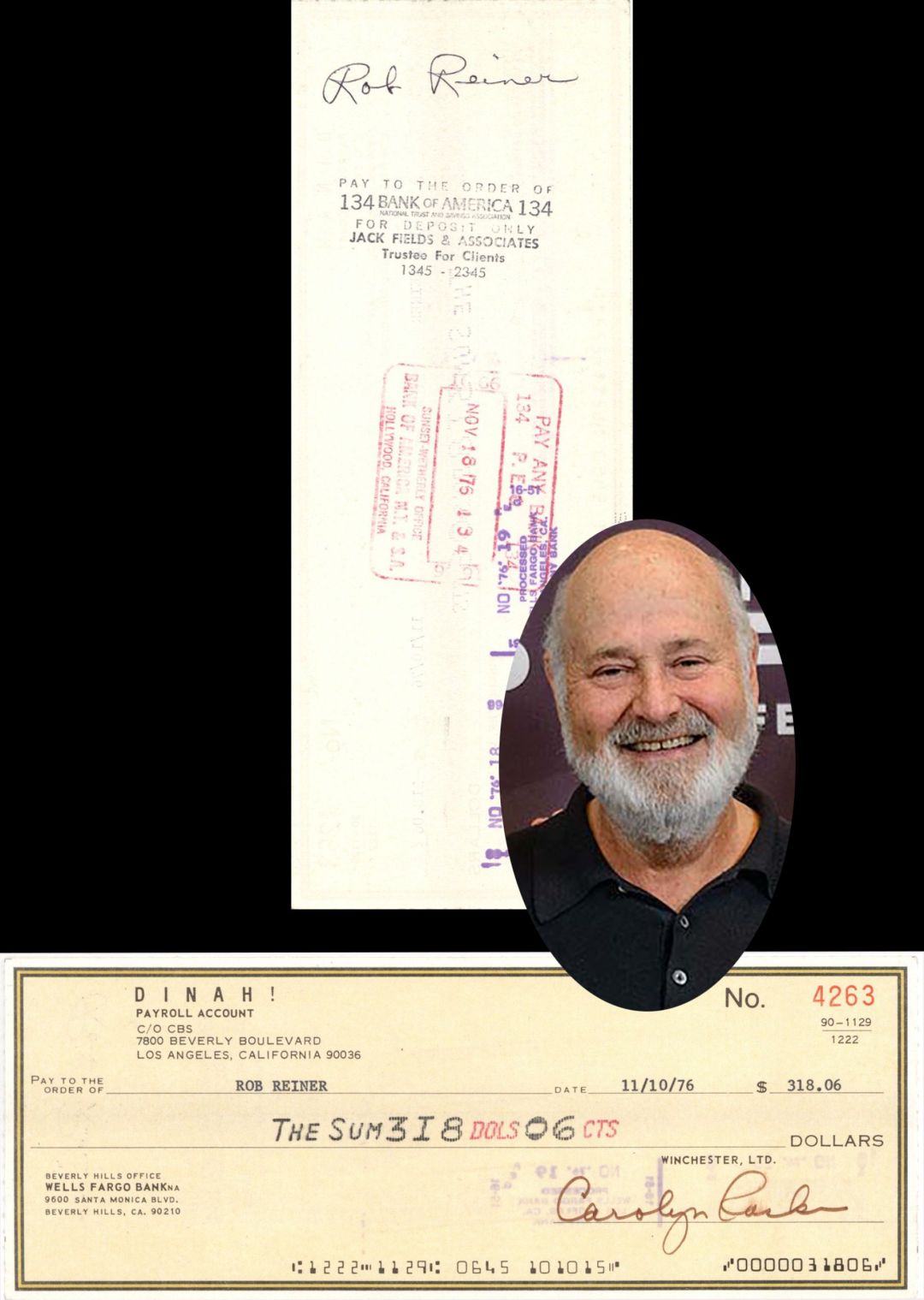 Dinah Shore Check issued to and signed by Rob Reiner - 1976 dated Autograh